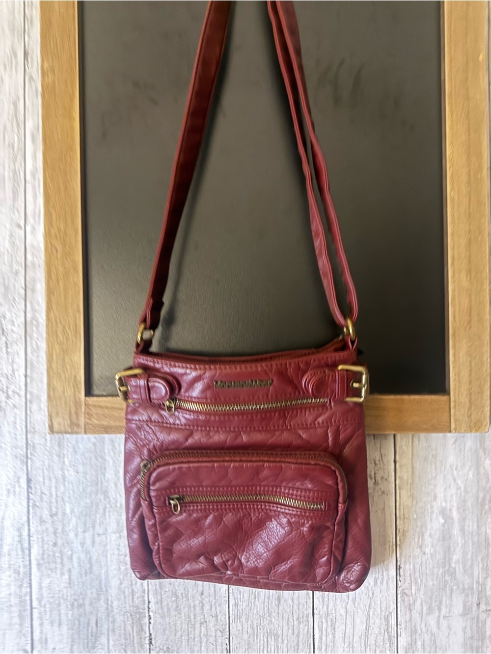 Montana West Burgundy Crossbody Bag Multi-Pocket Faux Pebbled Leather Western